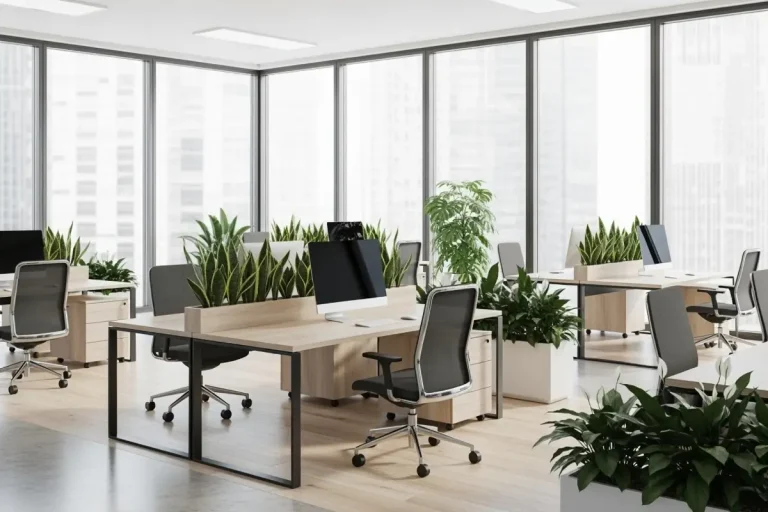 Office space with lots of windows and green plants with wooden tables and floors